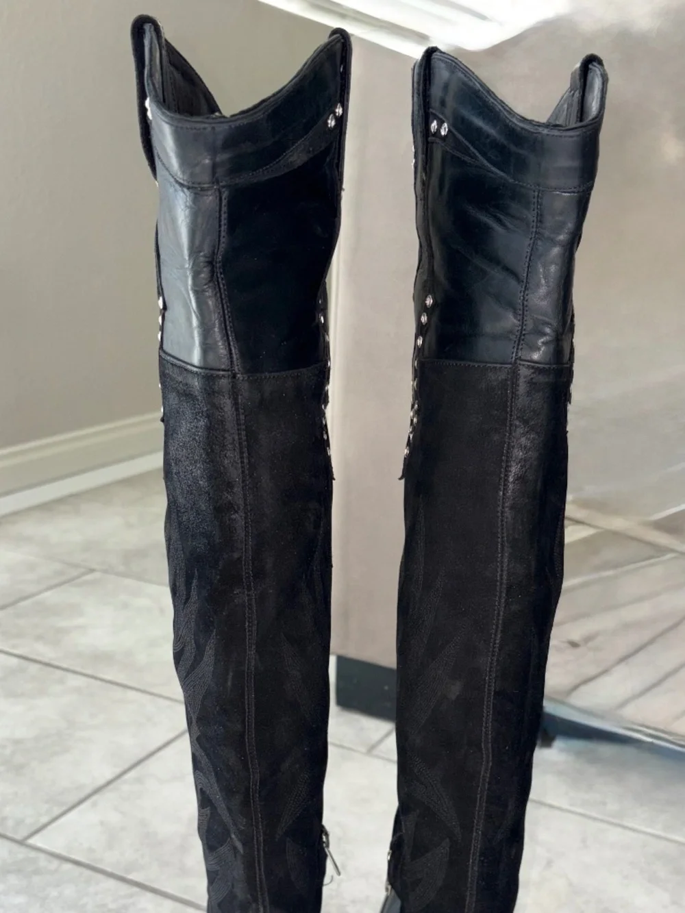 VINTAGE RARE!! OLD GRINGO Black Leather Suede Over Knee Crystal Western Boot 8